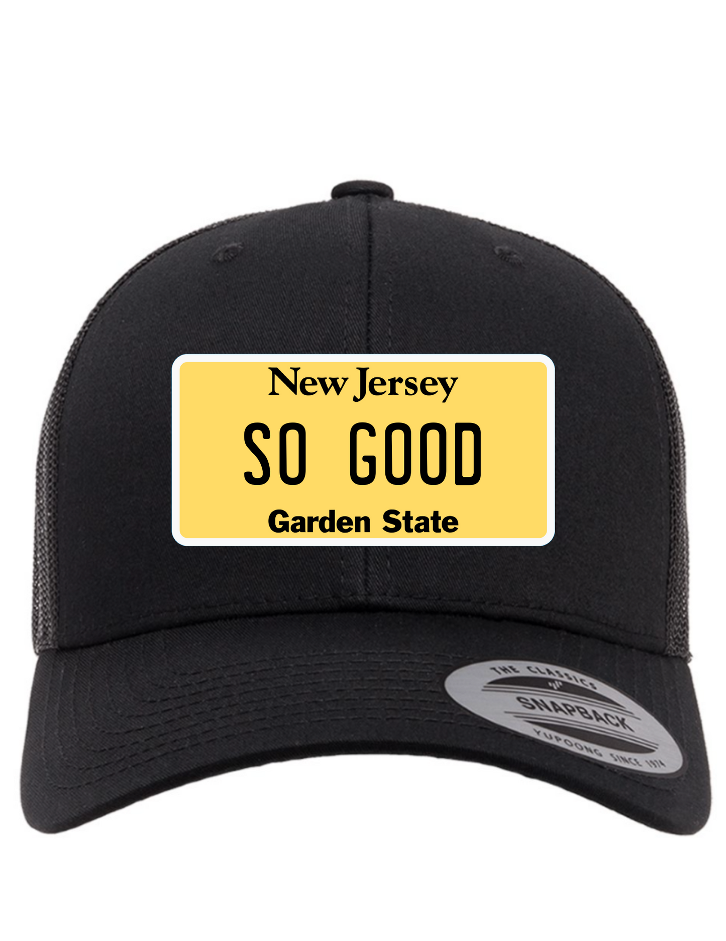 So Good New Jersey License Plate Trucker Hats