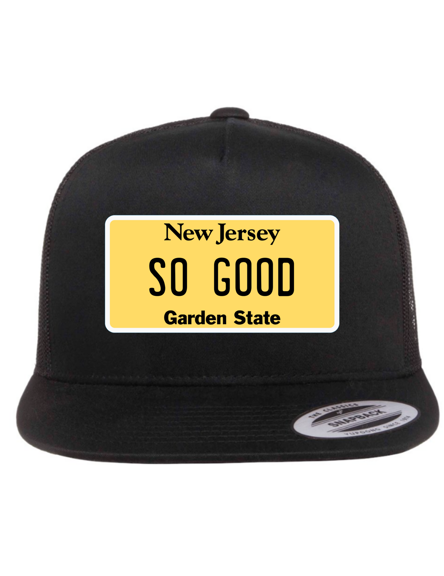 So Good New Jersey License Plate Trucker Hats