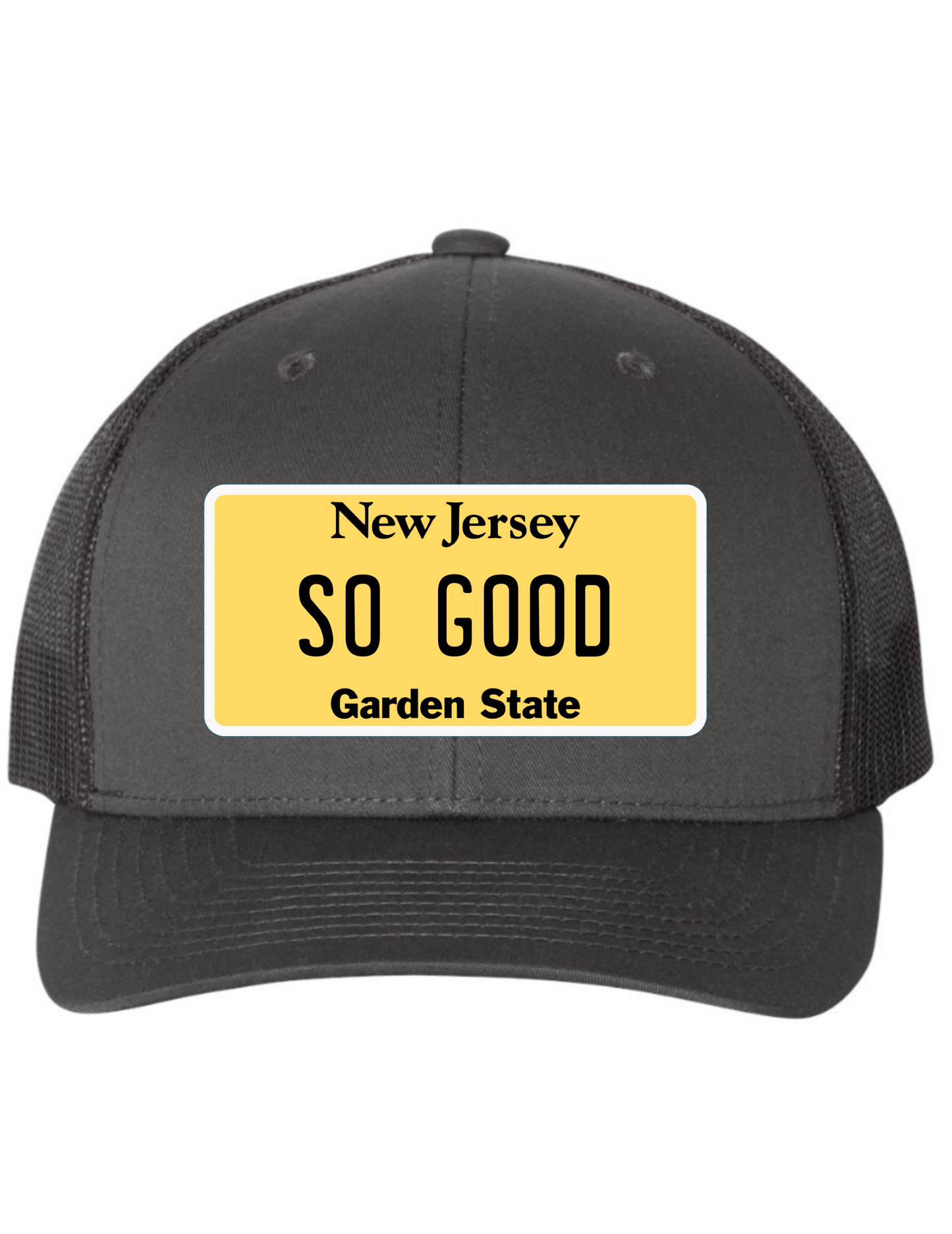 So Good New Jersey License Plate Trucker Hats