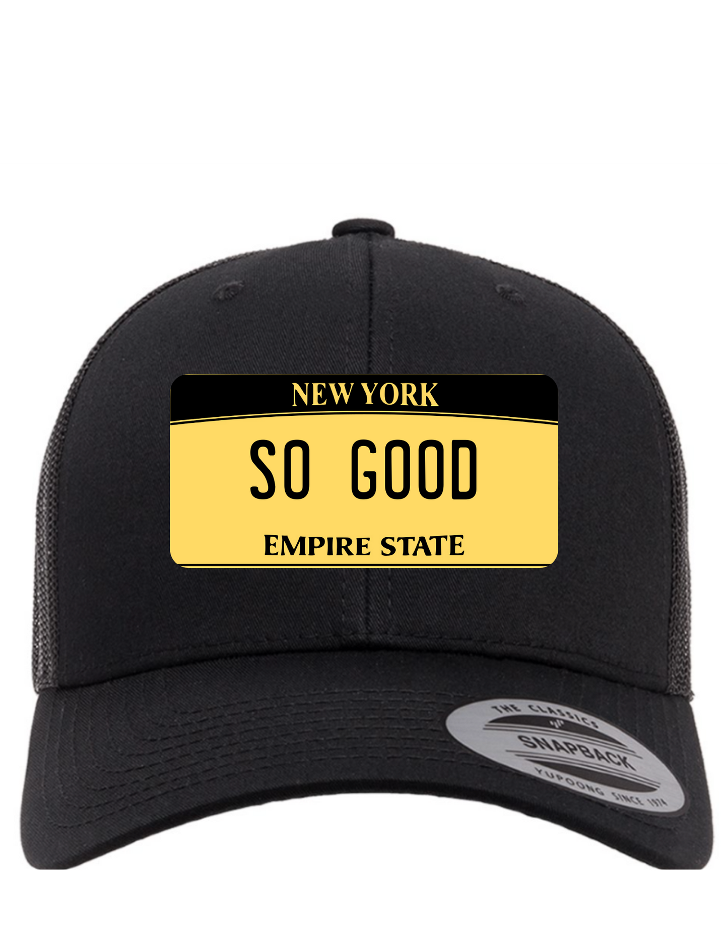 So Good New York License Plate Trucker Hats