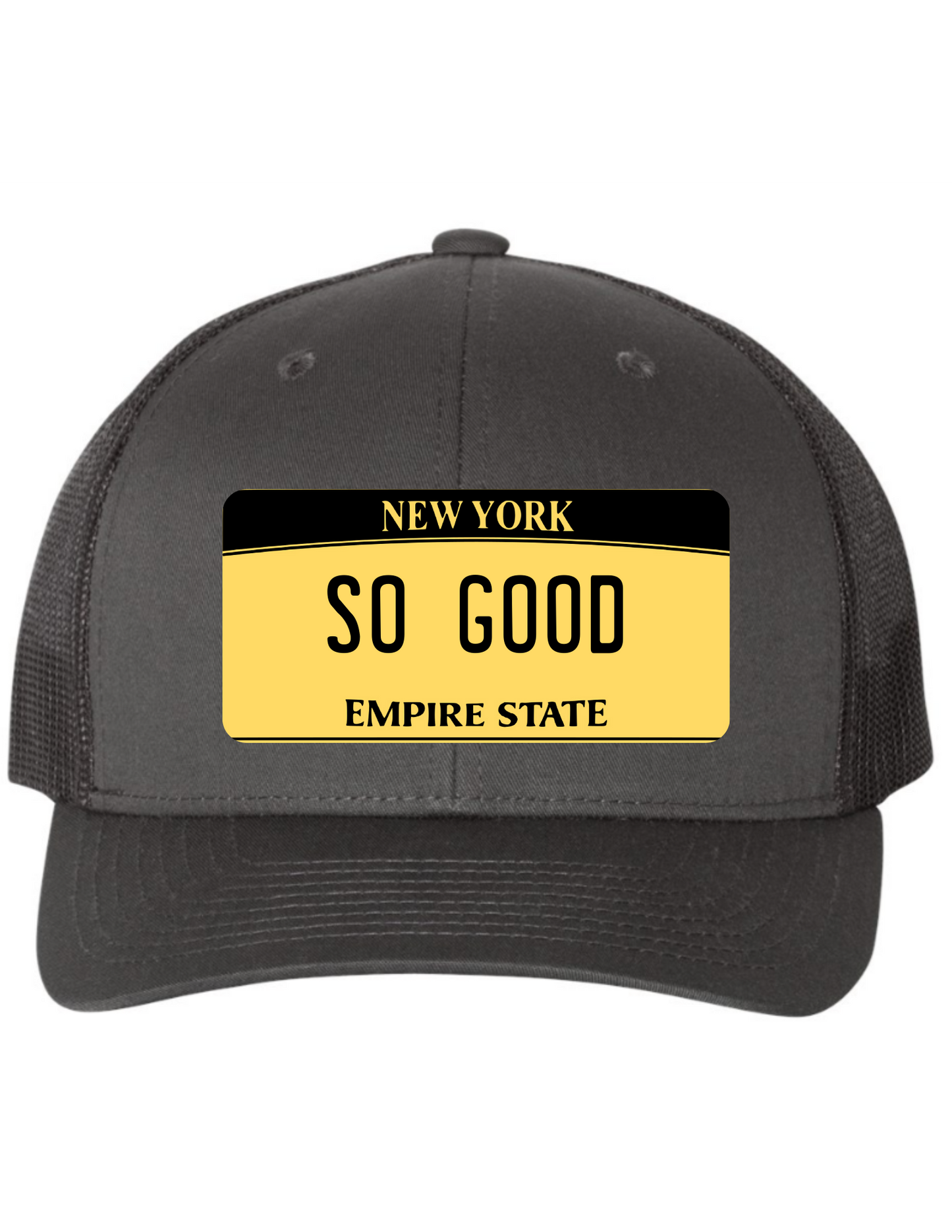 So Good New York License Plate Trucker Hats