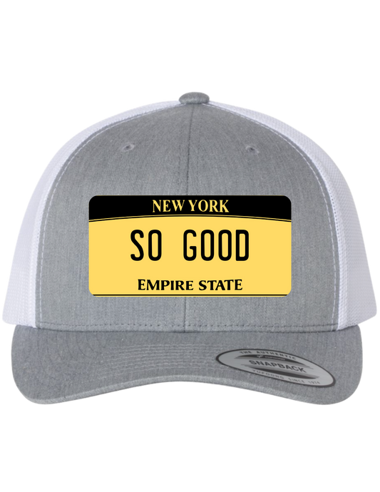 So Good New York License Plate Trucker Hats