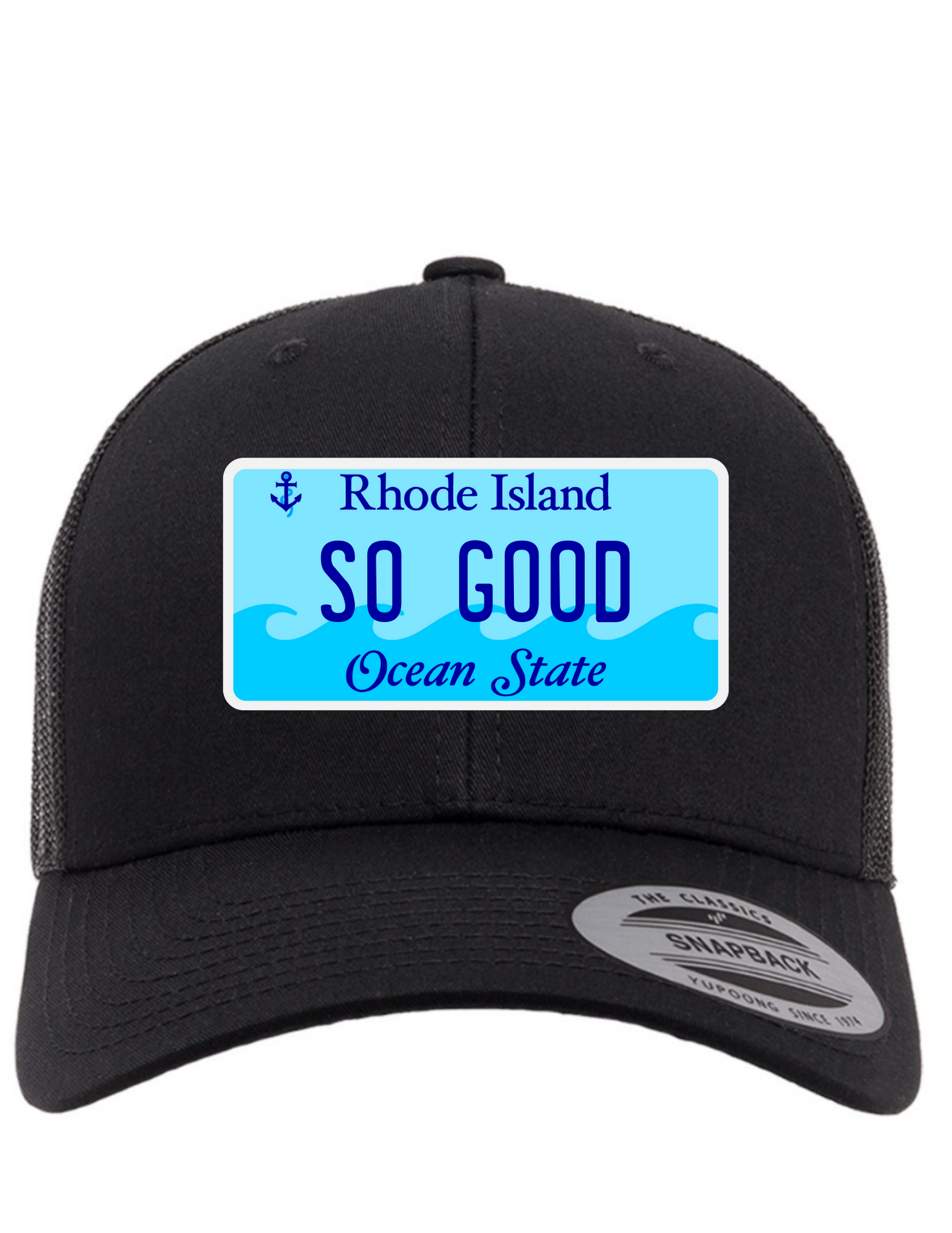 So Good Rhode Island License Plate Trucker Hats