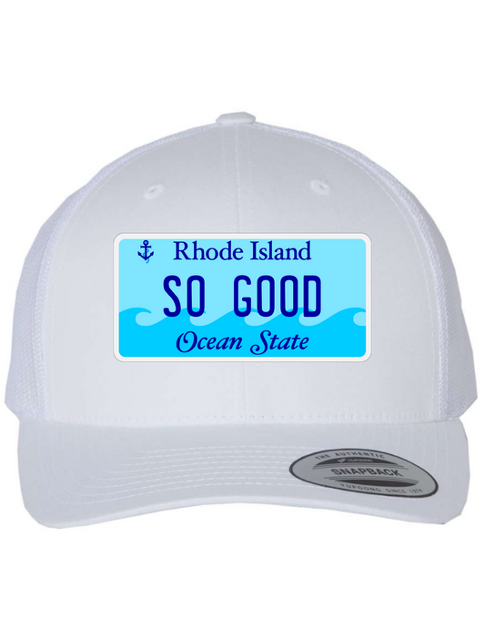 So Good Rhode Island License Plate Trucker Hats