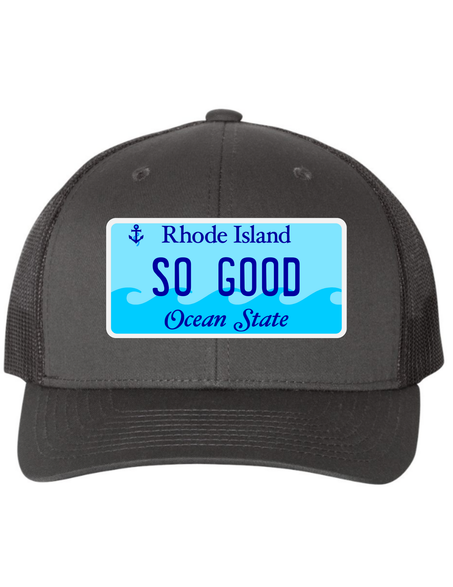 So Good Rhode Island License Plate Trucker Hats