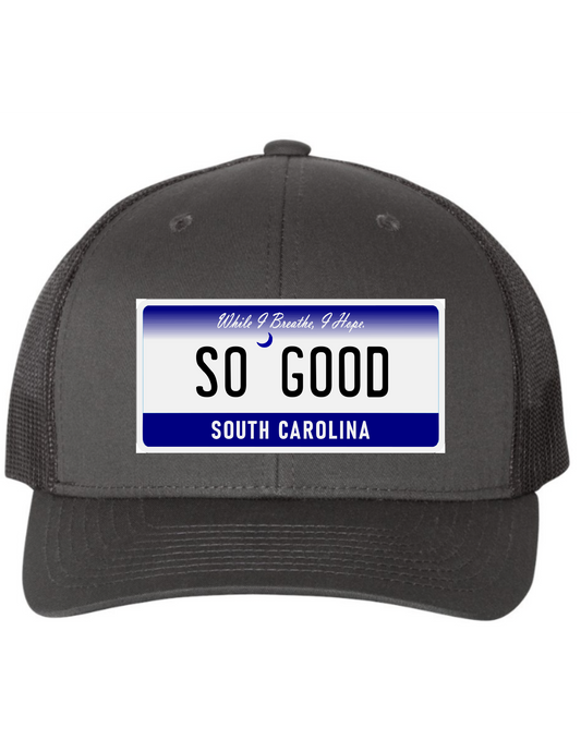 So Good South Carolina License Plate Trucker Hats
