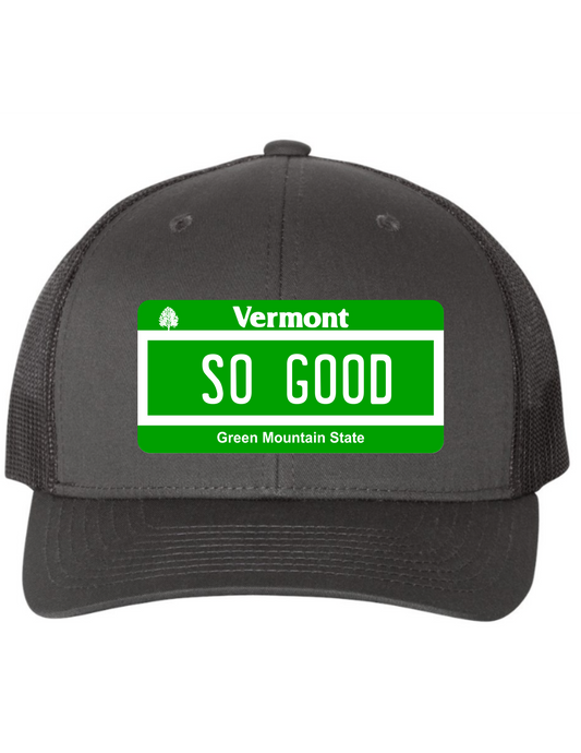 So Good Vermont License Plate Trucker Hats