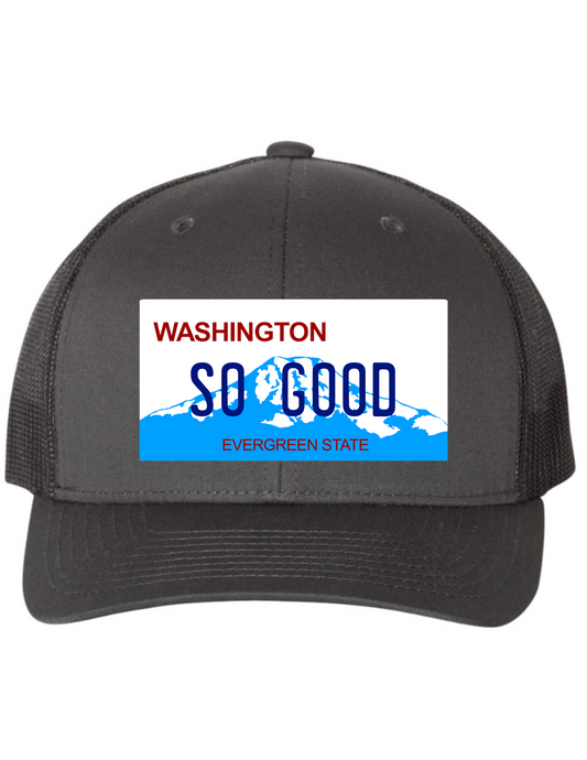 So Good Washington License Plate Trucker Hats