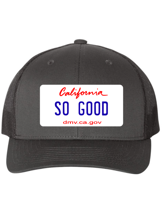So Good California License Plate Trucker Hats