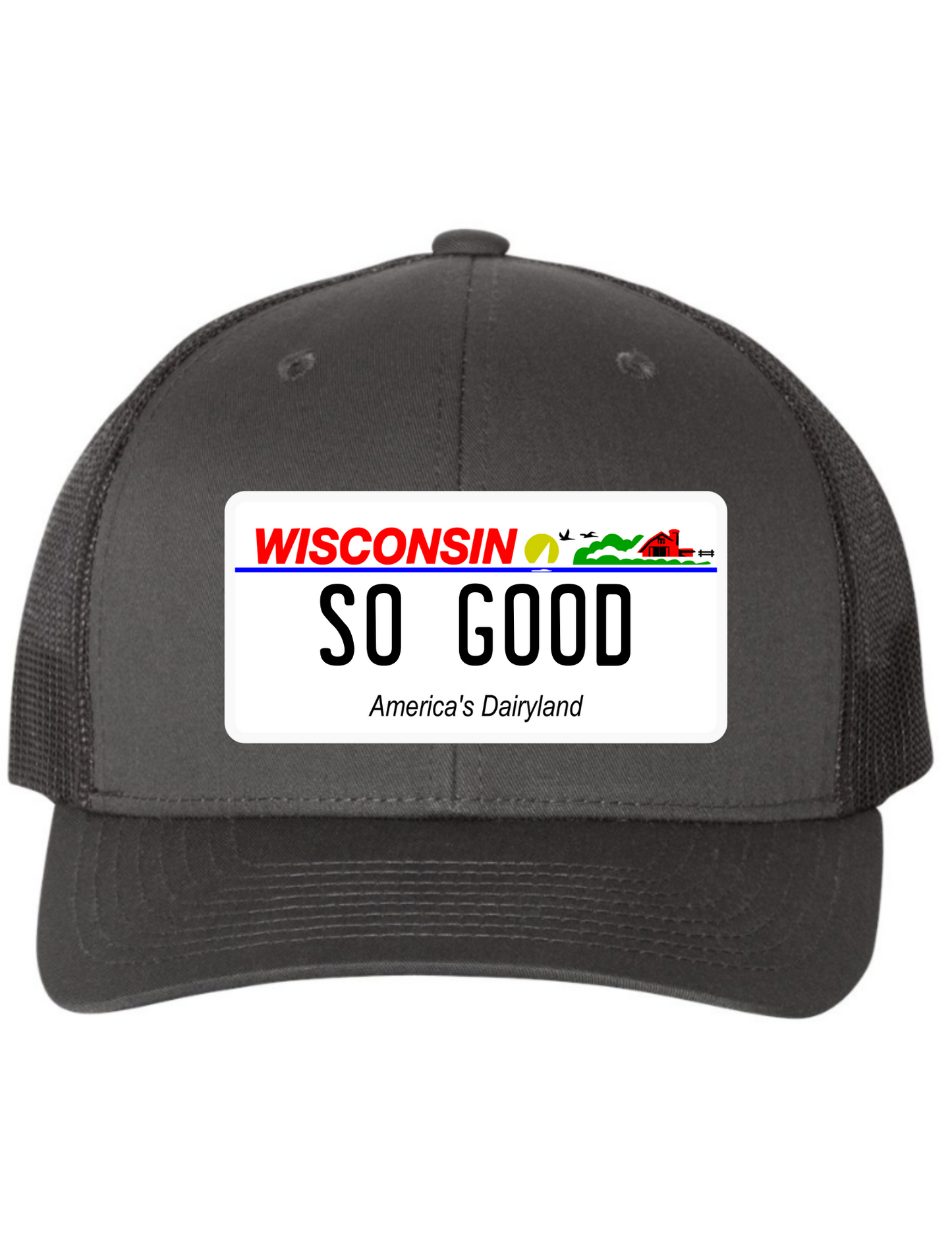 So Good Wisconsin License Plate Trucker Hats