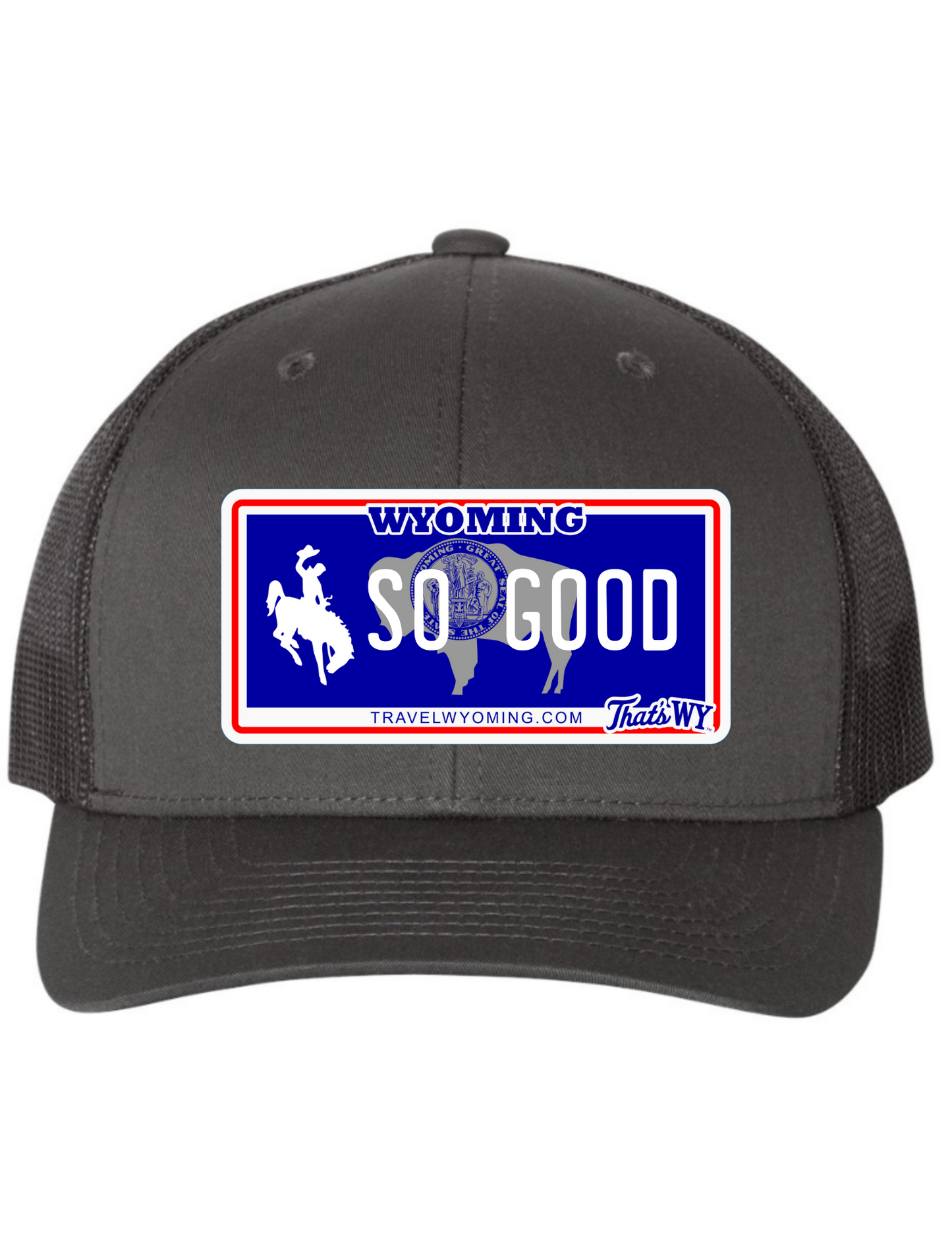 So Good Wyoming License Plate Trucker Hats
