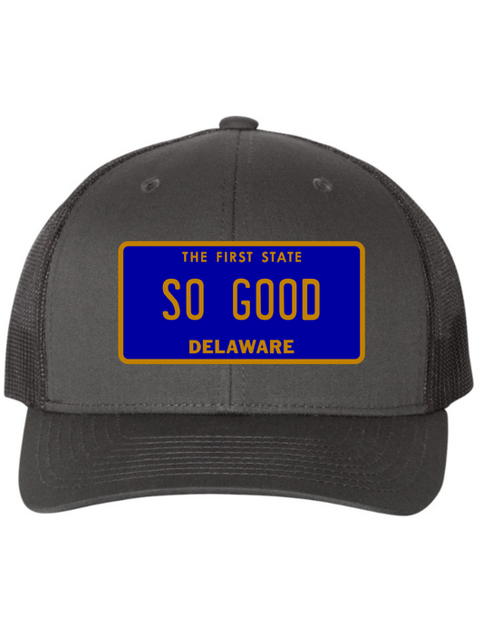 So Good Delaware License Plate Trucker Hats