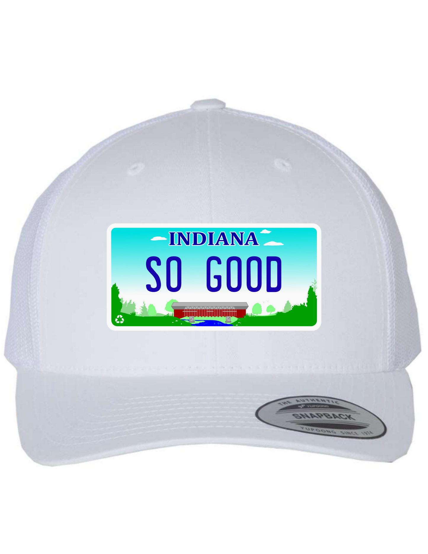So Good Indiana License Plate Trucker Hats