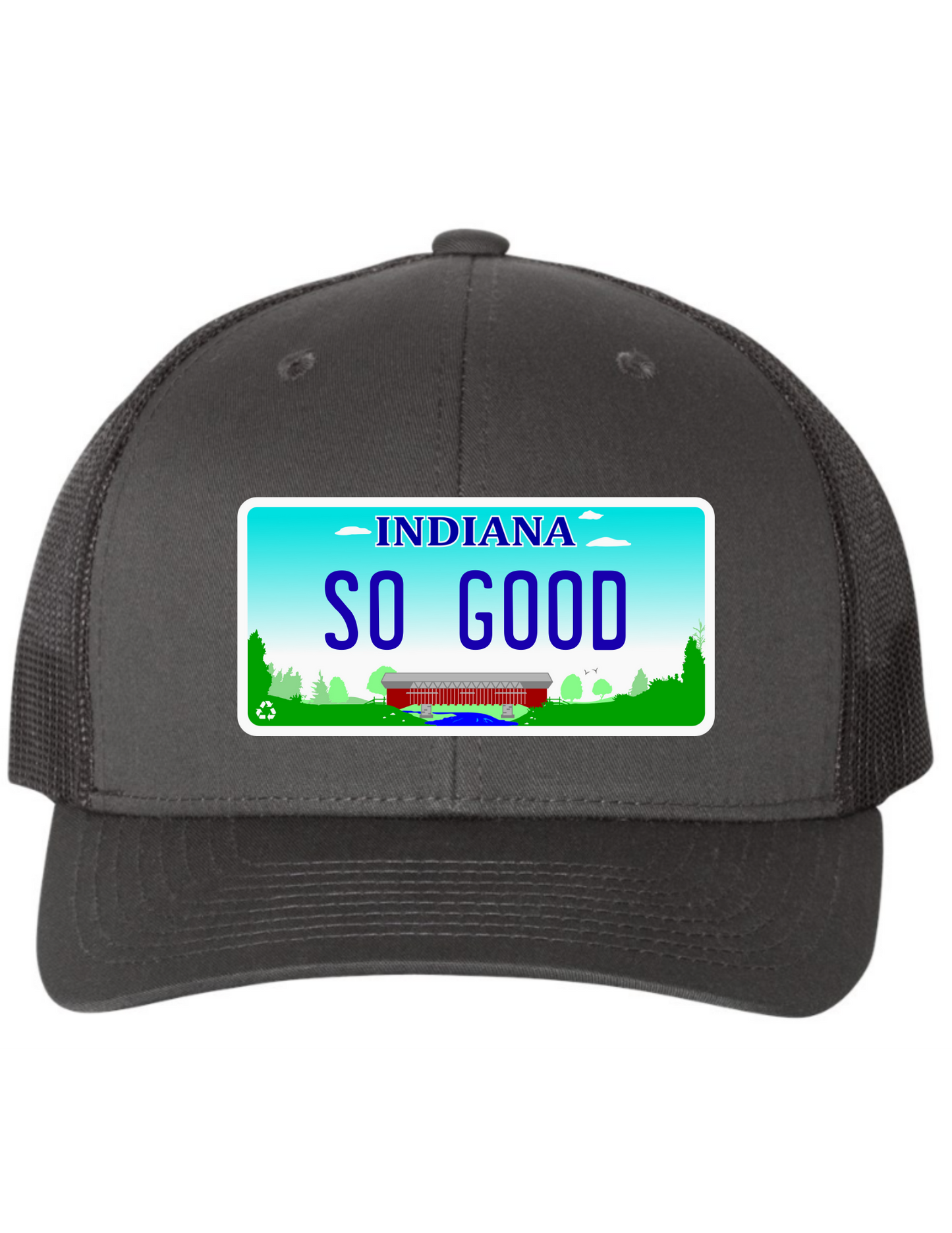 So Good Indiana License Plate Trucker Hats