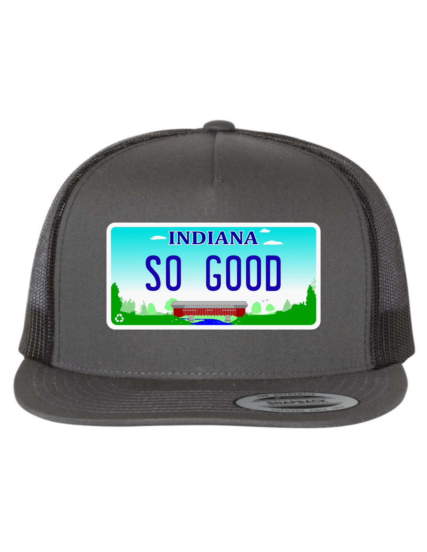 So Good Indiana License Plate Trucker Hats