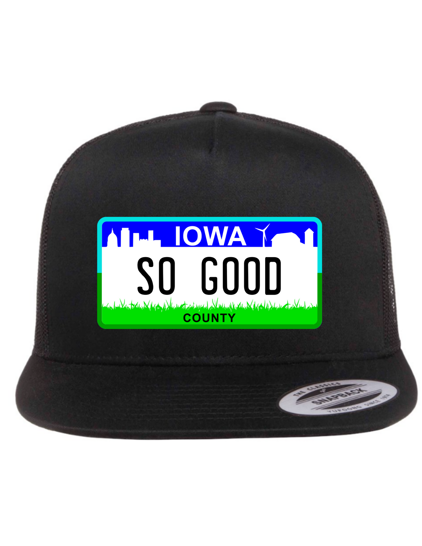 So Good Iowa License Plate Trucker Hats