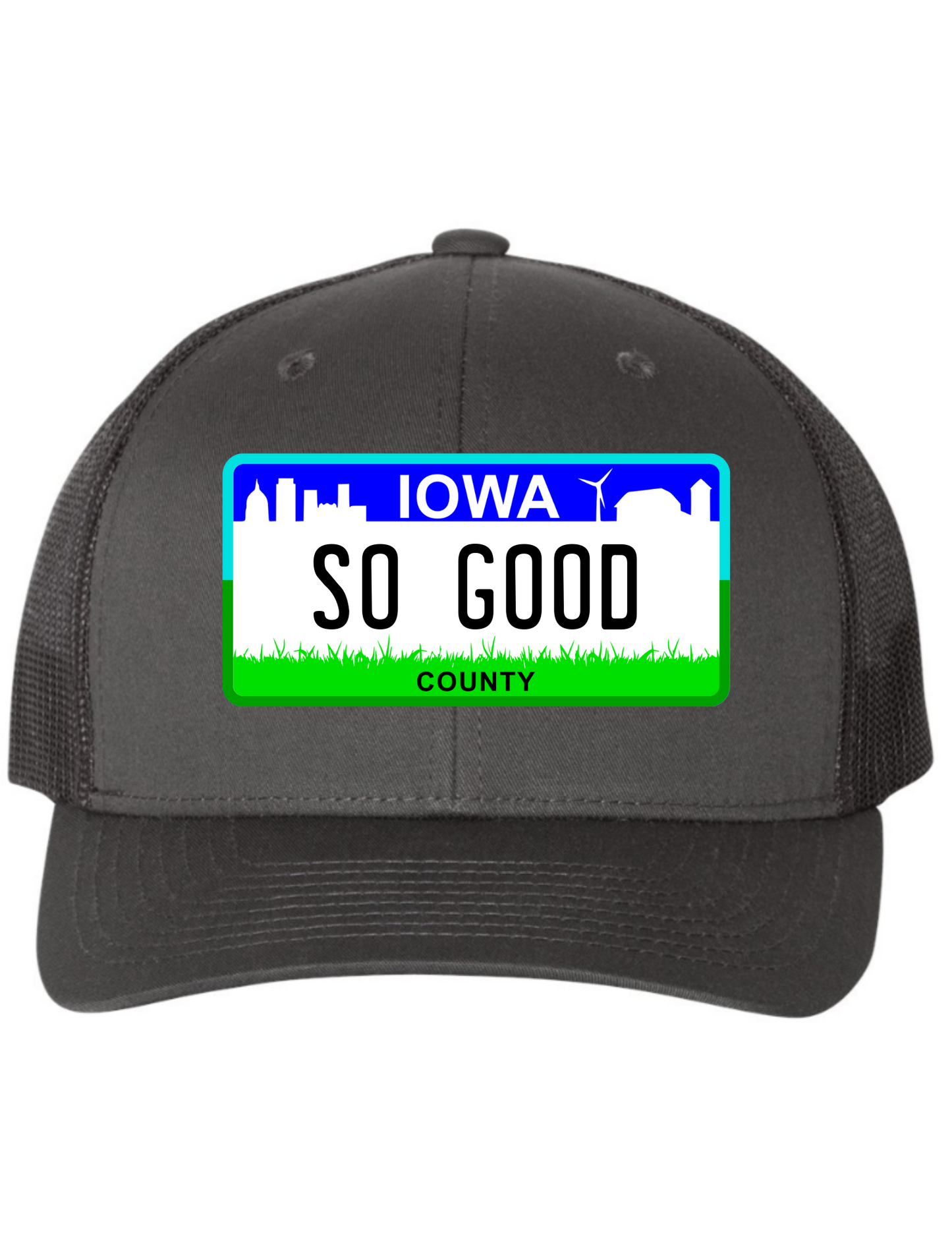 So Good Iowa License Plate Trucker Hats