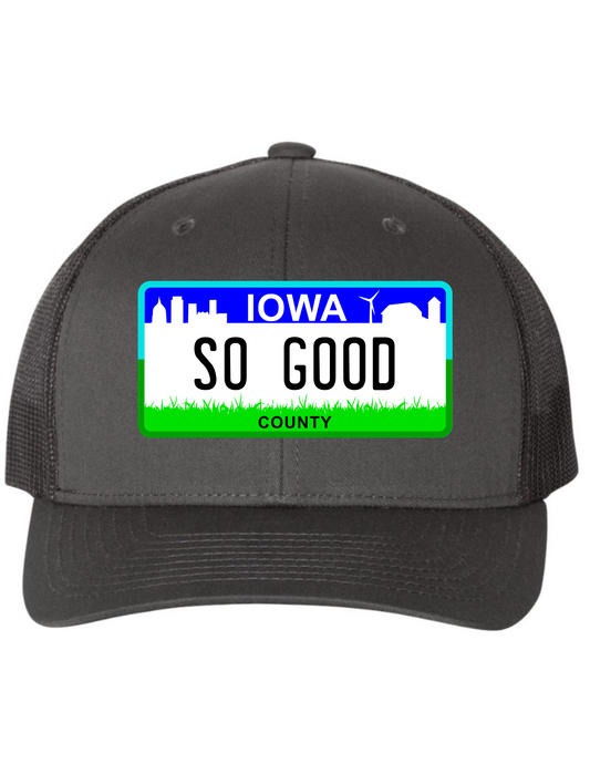 So Good Iowa License Plate Trucker Hats