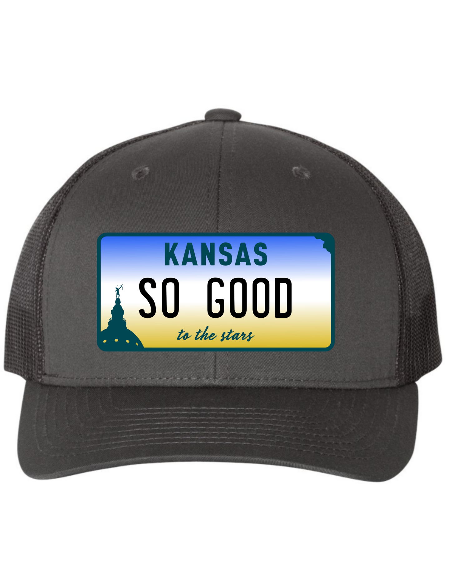 So Good Kansas License Plate Trucker Hats