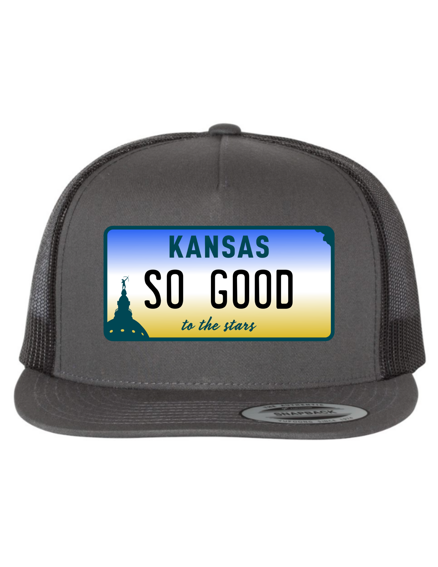 So Good Kansas License Plate Trucker Hats