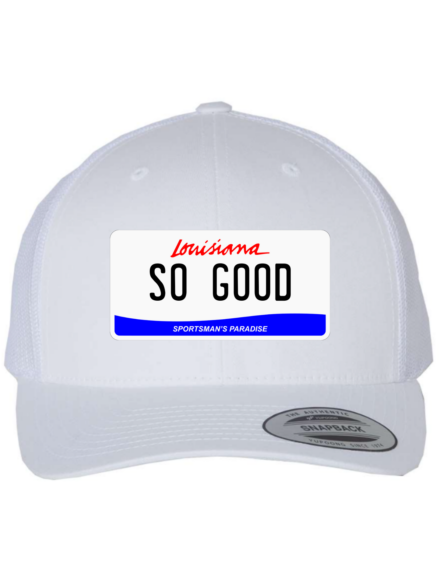 So Good Louisiana License Plate Trucker Hats
