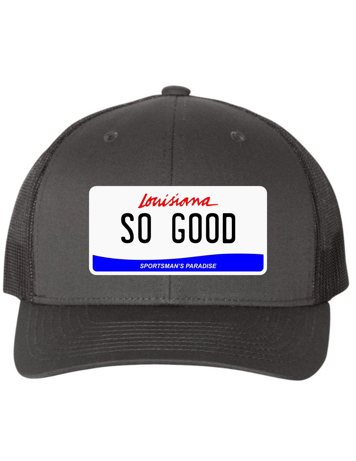 So Good Louisiana License Plate Trucker Hats