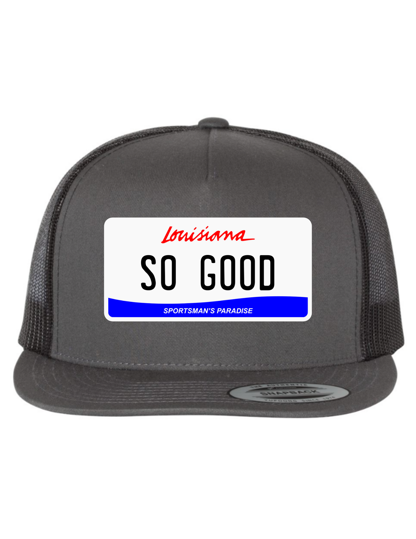 So Good Louisiana License Plate Trucker Hats