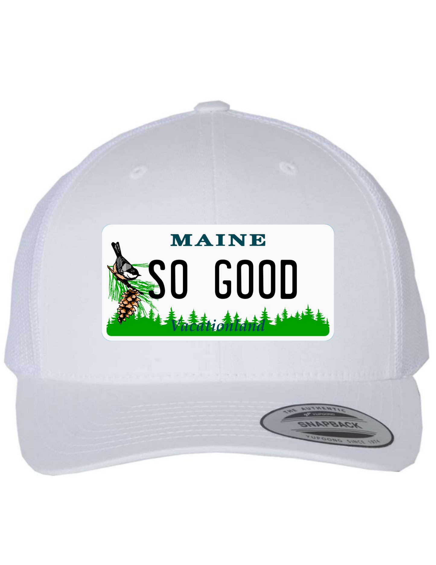 So Good Maine License Plate Trucker Hats