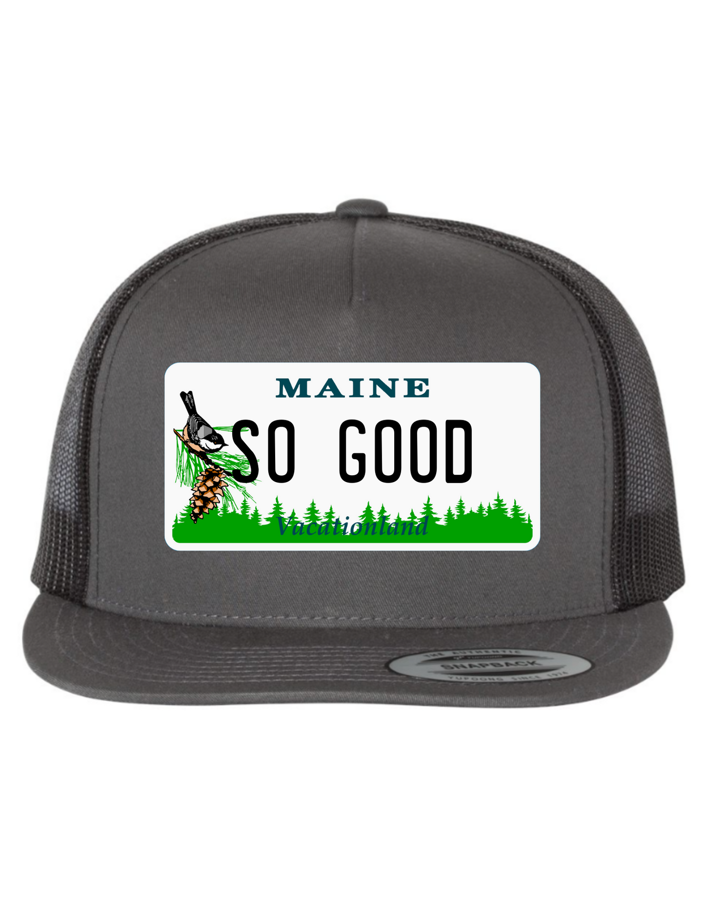 So Good Maine License Plate Trucker Hats