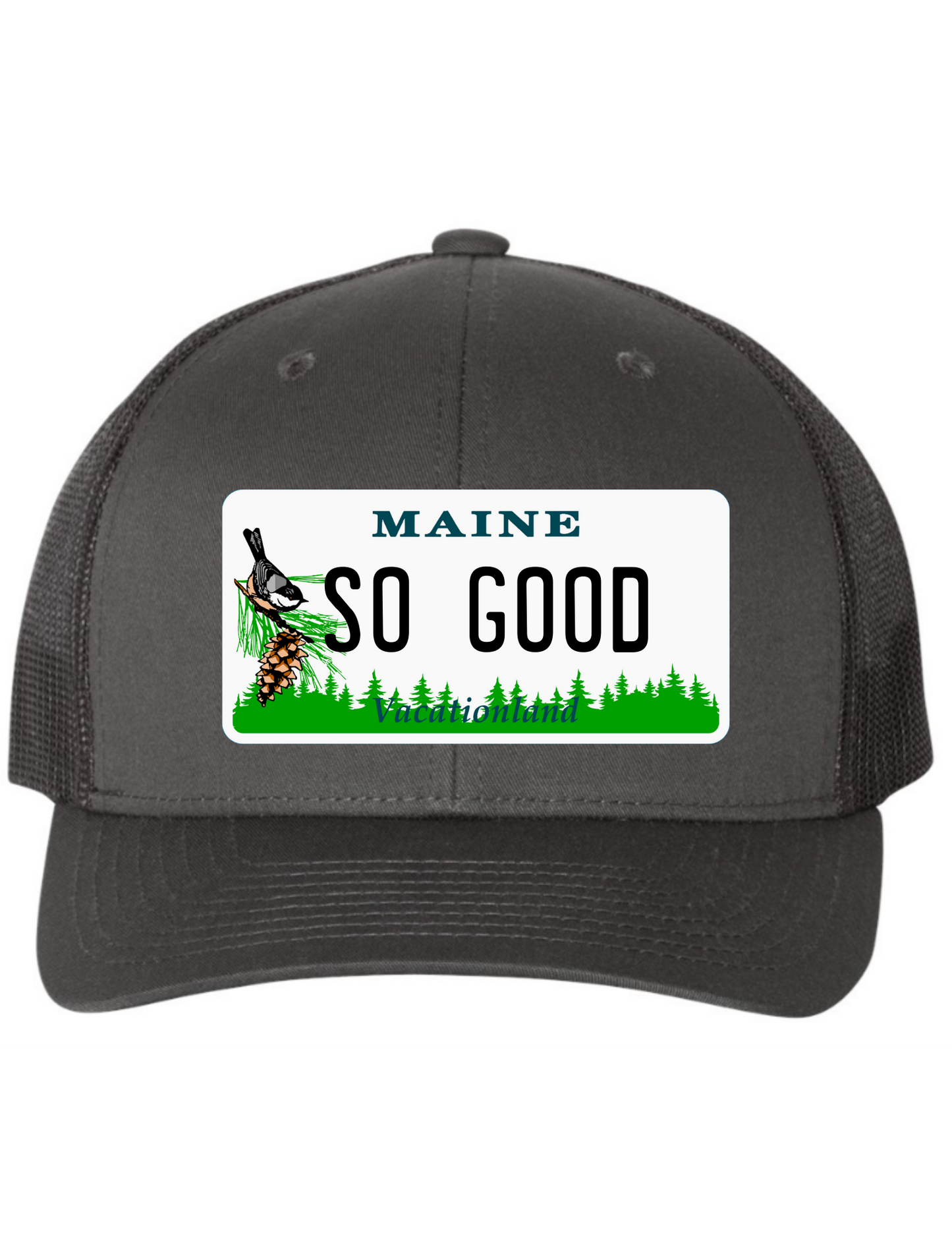 So Good Maine License Plate Trucker Hats
