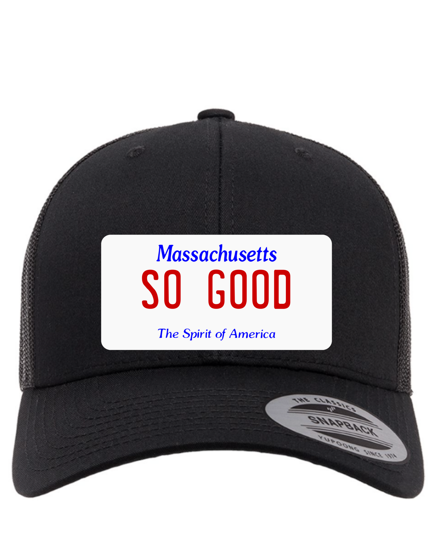 So Good Massachusetts License Plate Trucker Hats