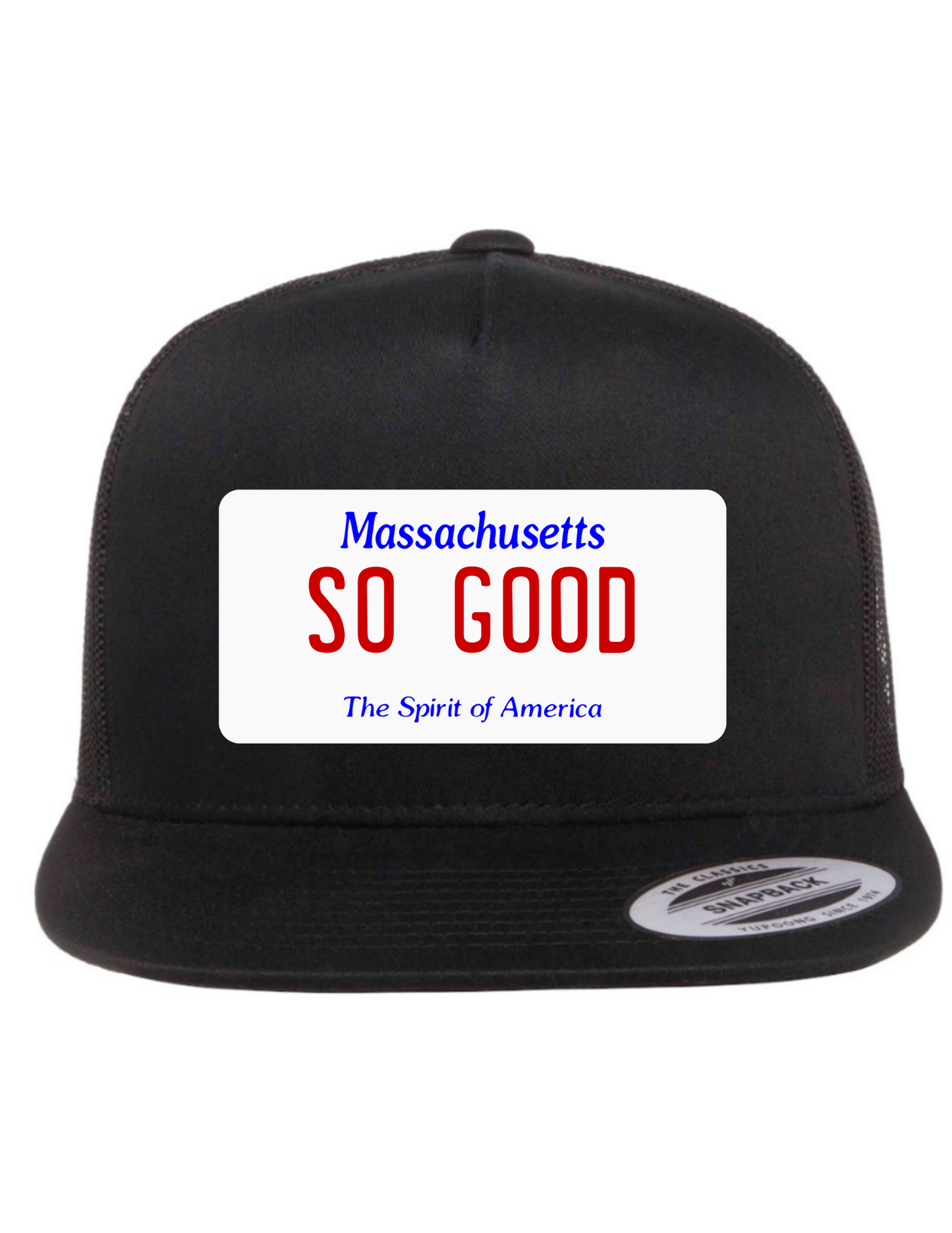 So Good Massachusetts License Plate Trucker Hats
