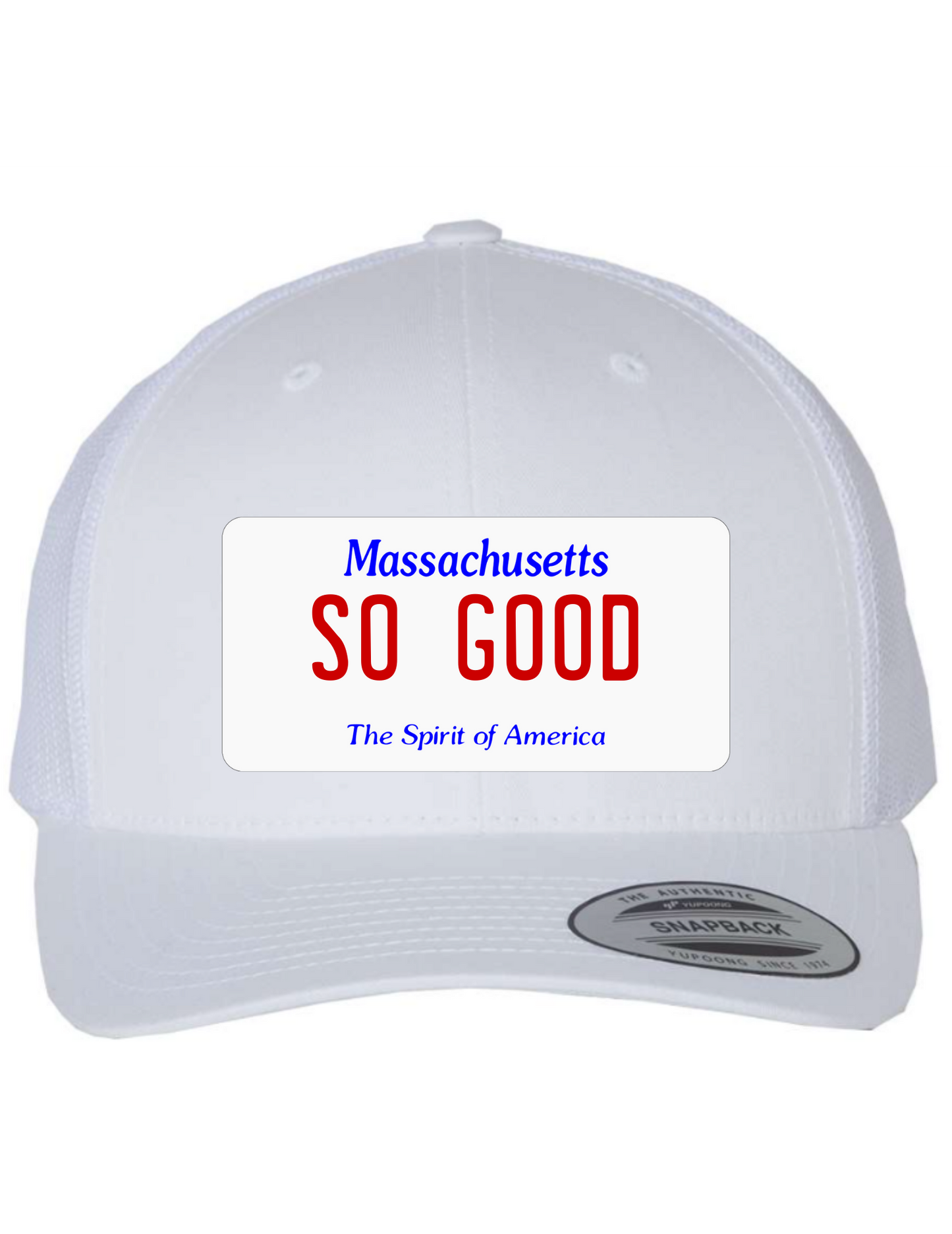 So Good Massachusetts License Plate Trucker Hats