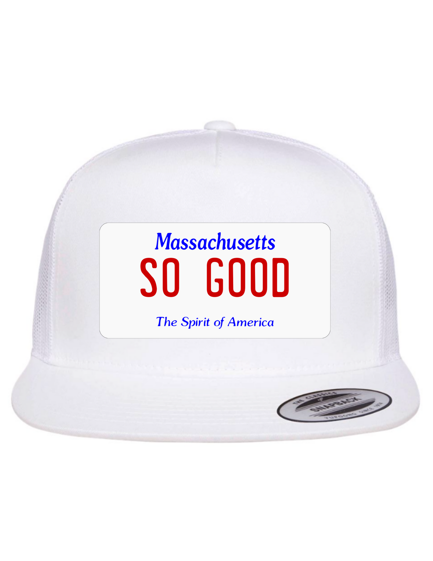 So Good Massachusetts License Plate Trucker Hats