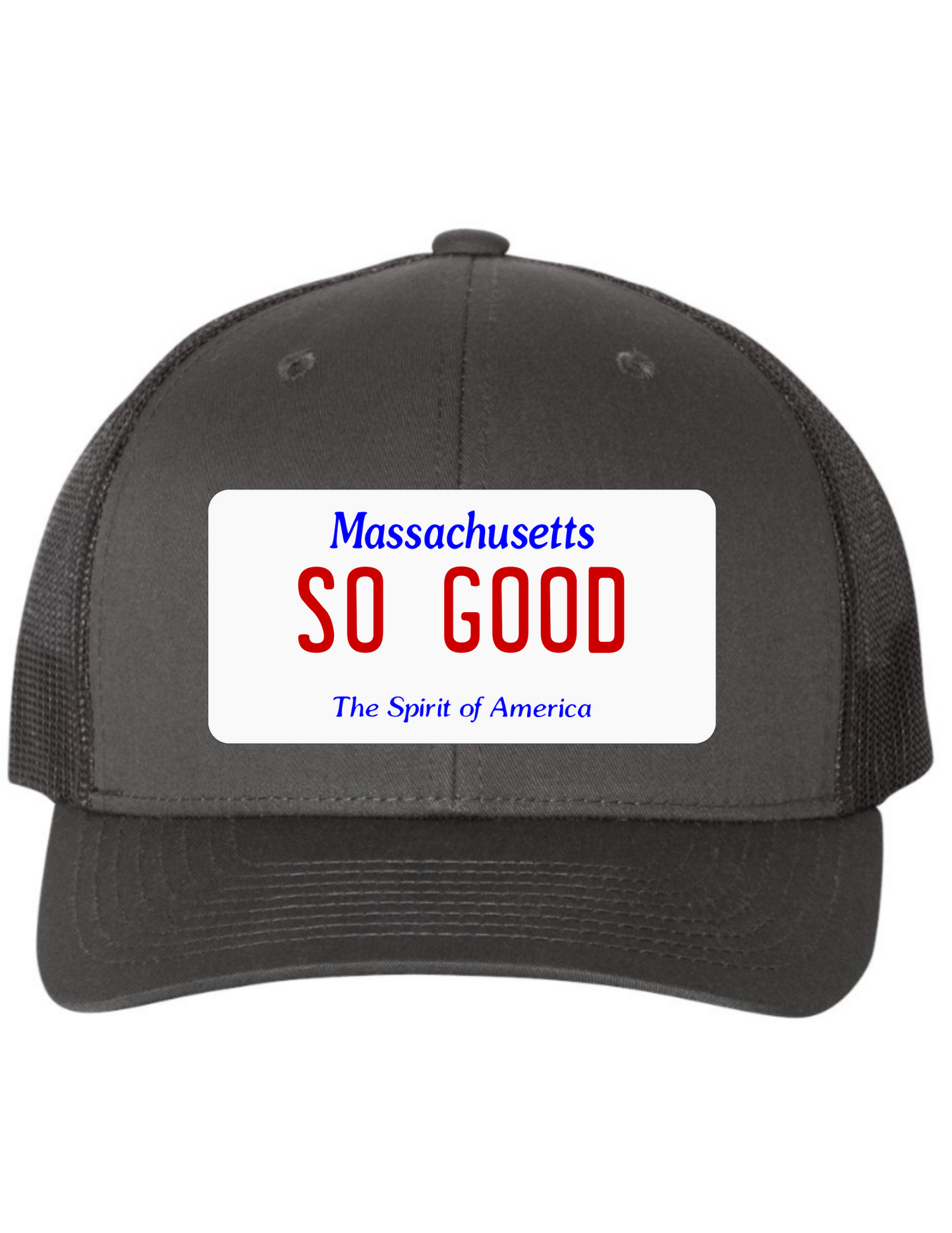 So Good Massachusetts License Plate Trucker Hats