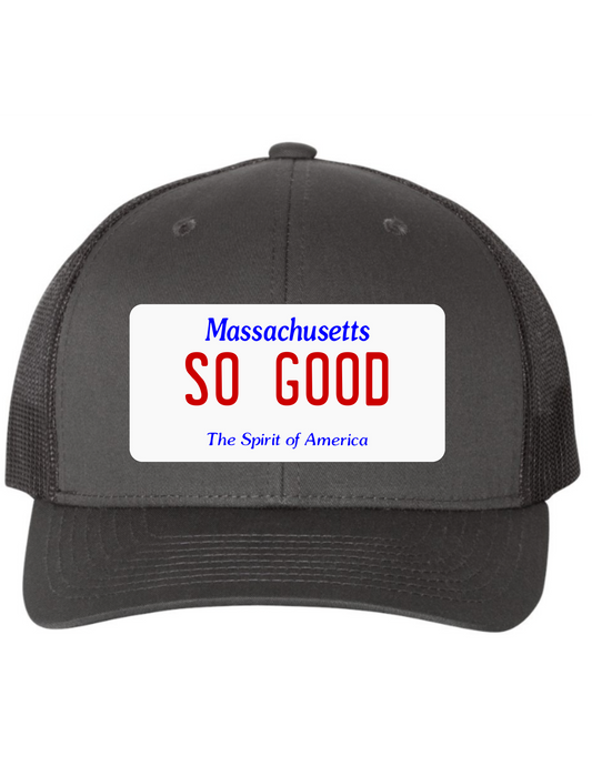 So Good Massachusetts License Plate Trucker Hats