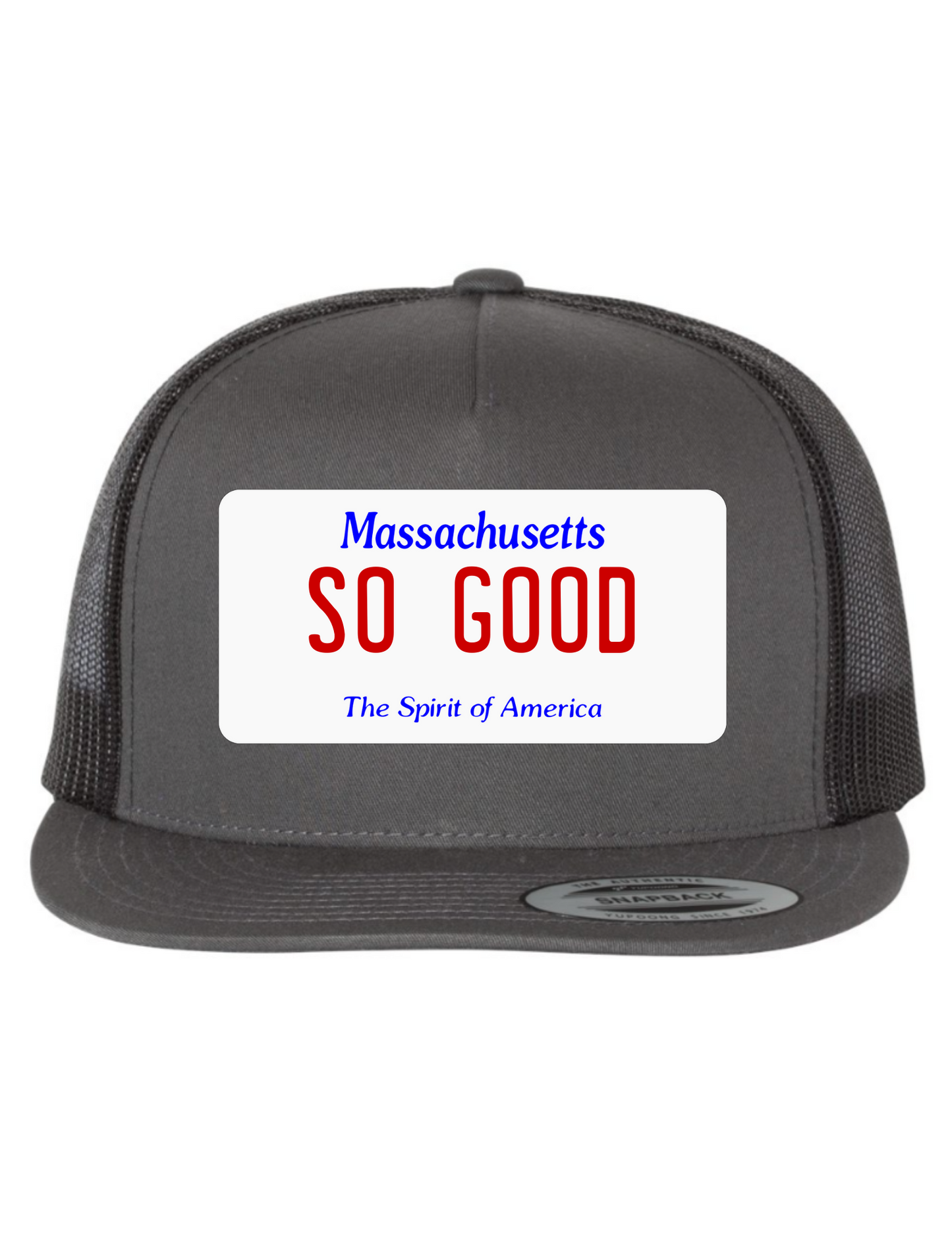 So Good Massachusetts License Plate Trucker Hats