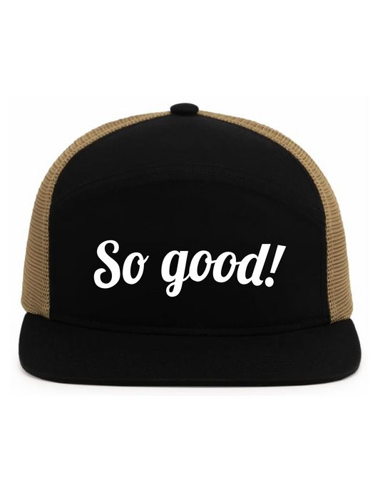 6-Panel Arch (BLACK/BUCK) Snapback Hat w/ Embroidery - So Good!