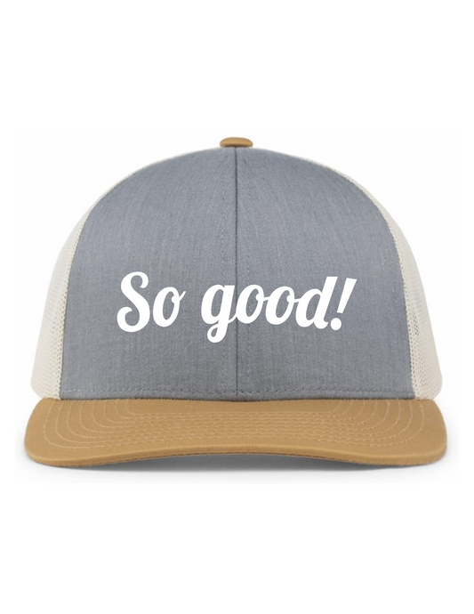 Trucker Snapback Hat w/ Embroidery (HEATHER GREY/BEIGE/AMBER GOLD) - So Good!