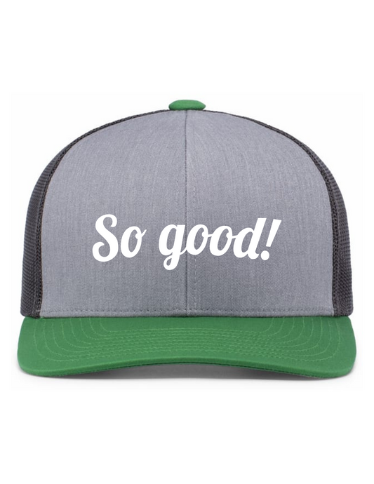 Trucker Snapback Hat w/ Embroidery (HEATHER GREY/LT CHARCOAL/GREEN) - So Good!