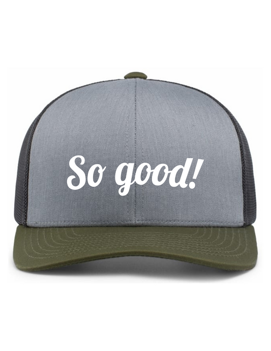 Trucker Snapback Hat w/ Embroidery (HEATHER GREY/LT CHARCOAL/MOSS GREEN) - So Good!