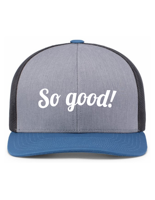 Trucker Snapback Hat w/ Embroidery (HEATHER GREY/LT CHARCOAL/OCEAN BLUE) - So Good!