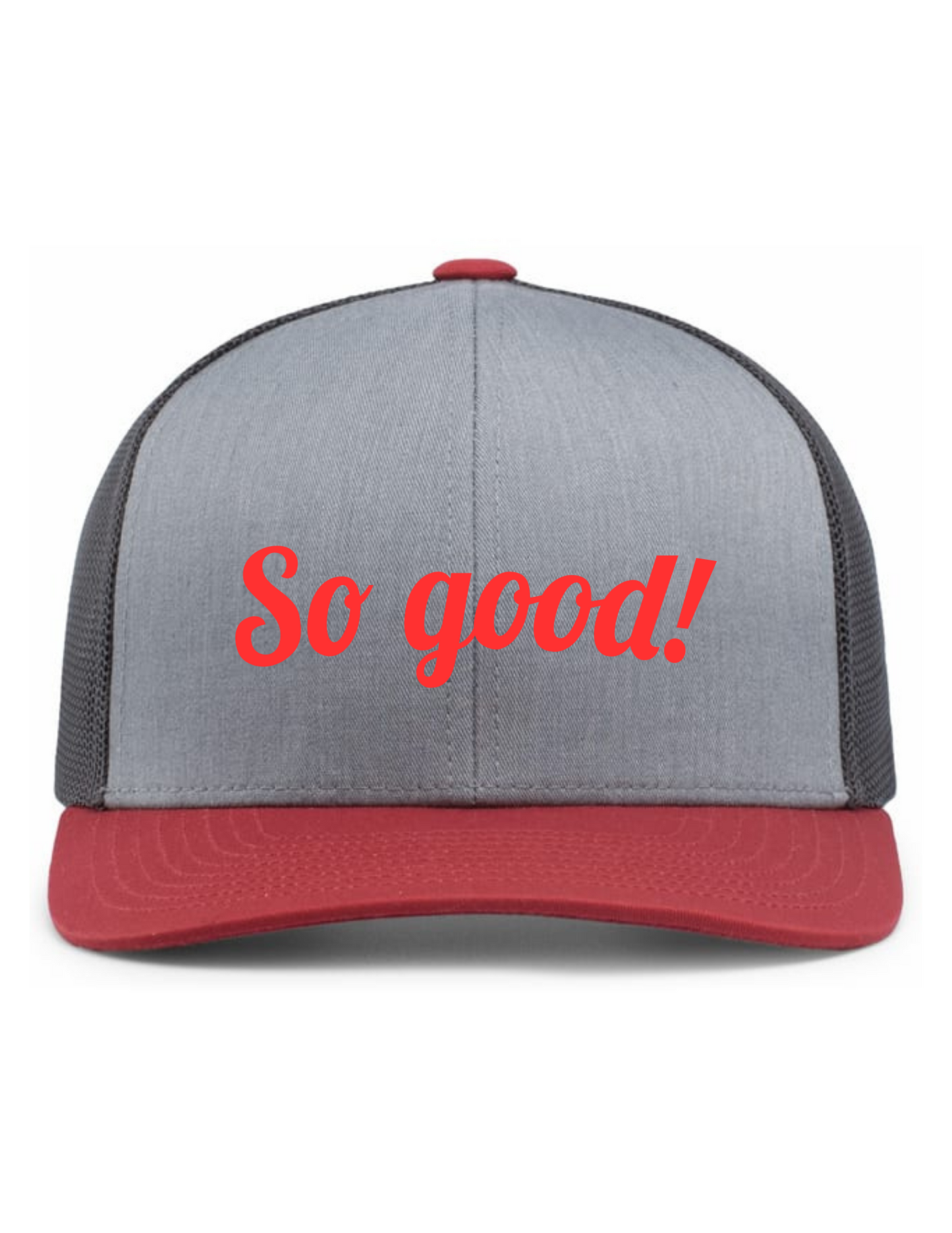 Trucker Snapback Hat w/ Embroidery (HEATHER GREY/LT CHARCOAL/VARSITY) - So Good!