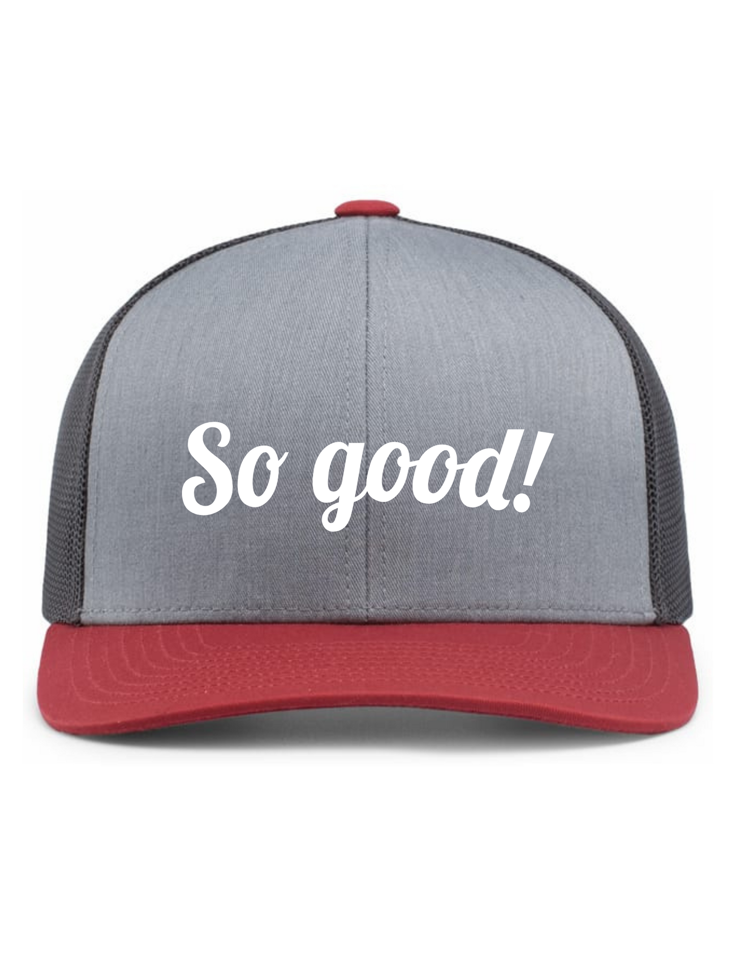Trucker Snapback Hat w/ Embroidery (HEATHER GREY/LT CHARCOAL/VARSITY) - So Good!