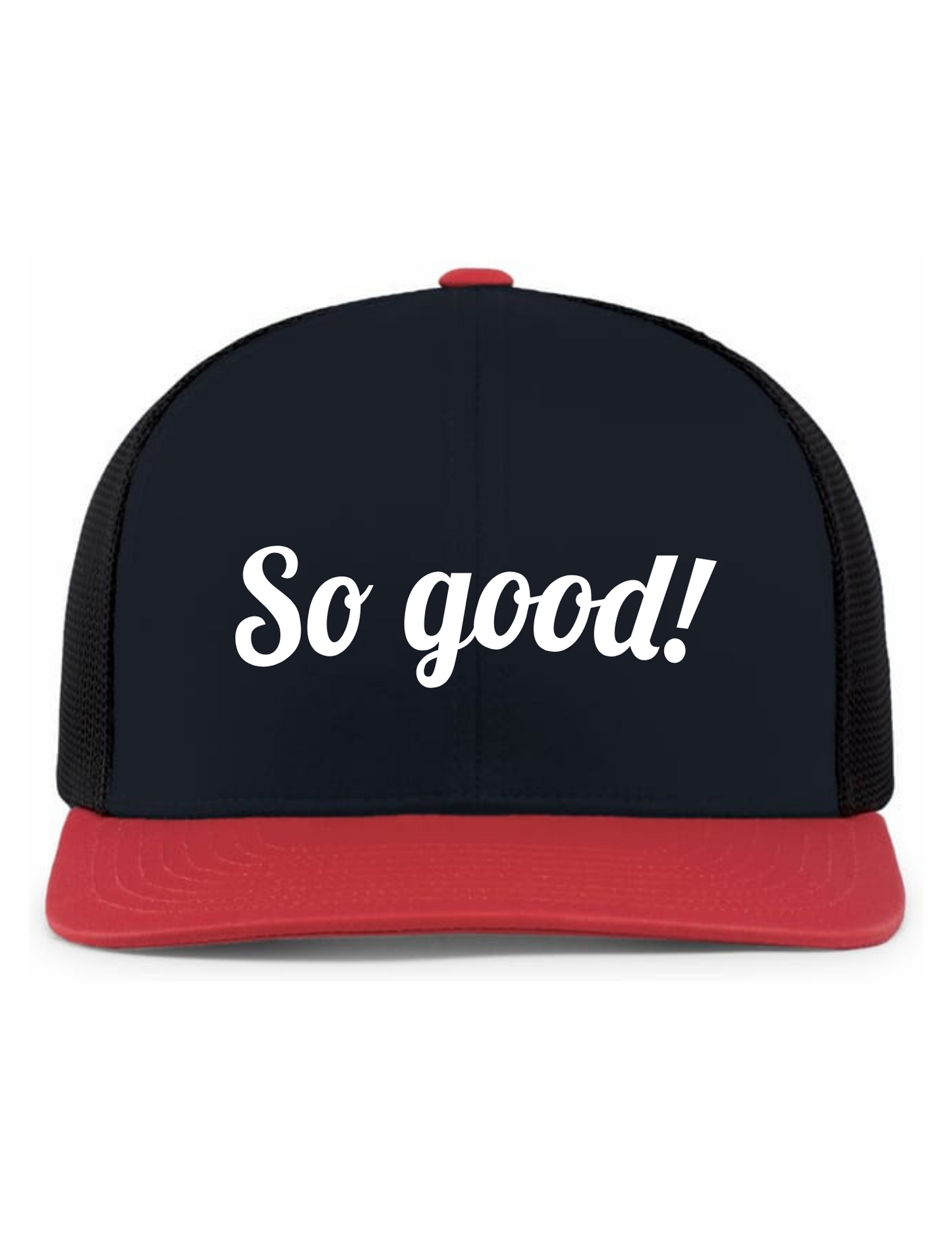 Trucker Snapback Hat w/ Embroidery (NAVY/RED) - So Good!