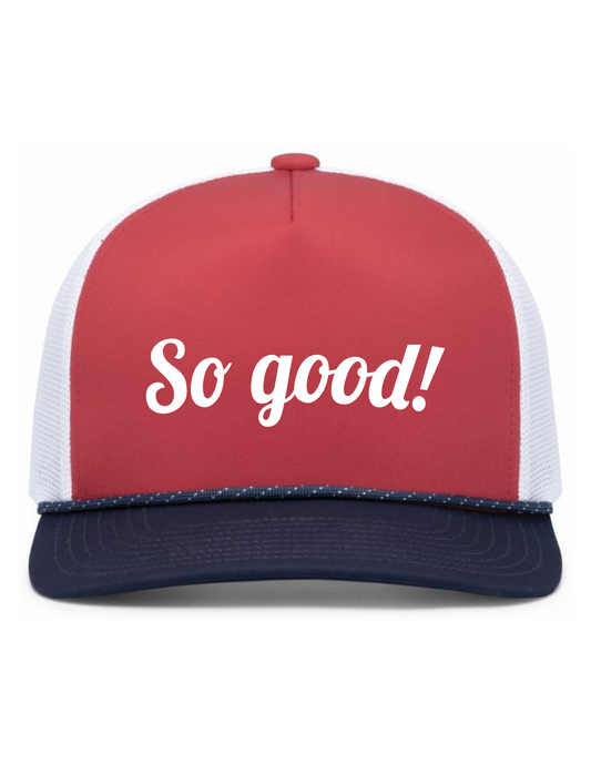 Weekender Trucker Hat w/ Embroidery (RED/WHITE/NAVY) - So Good!