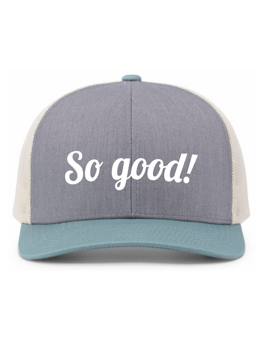 Trucker Snapback Hat w/ Embroidery (HEATHER GREY/BEIGE/SMOKE BLUE) - So Good!