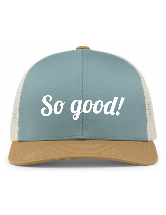 Trucker Snapback Hat w/ Embroidery (SMOKE BLUE/BEIGE/AMBER GOLD) - So Good!
