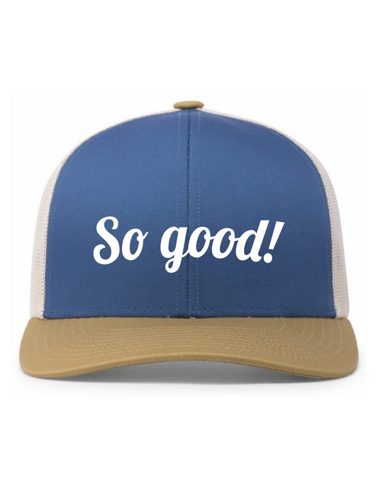 Trucker Snapback Hat w/ Embroidery (OCEAN BLUE/BEIGE/AMBER GOLD) - So Good!